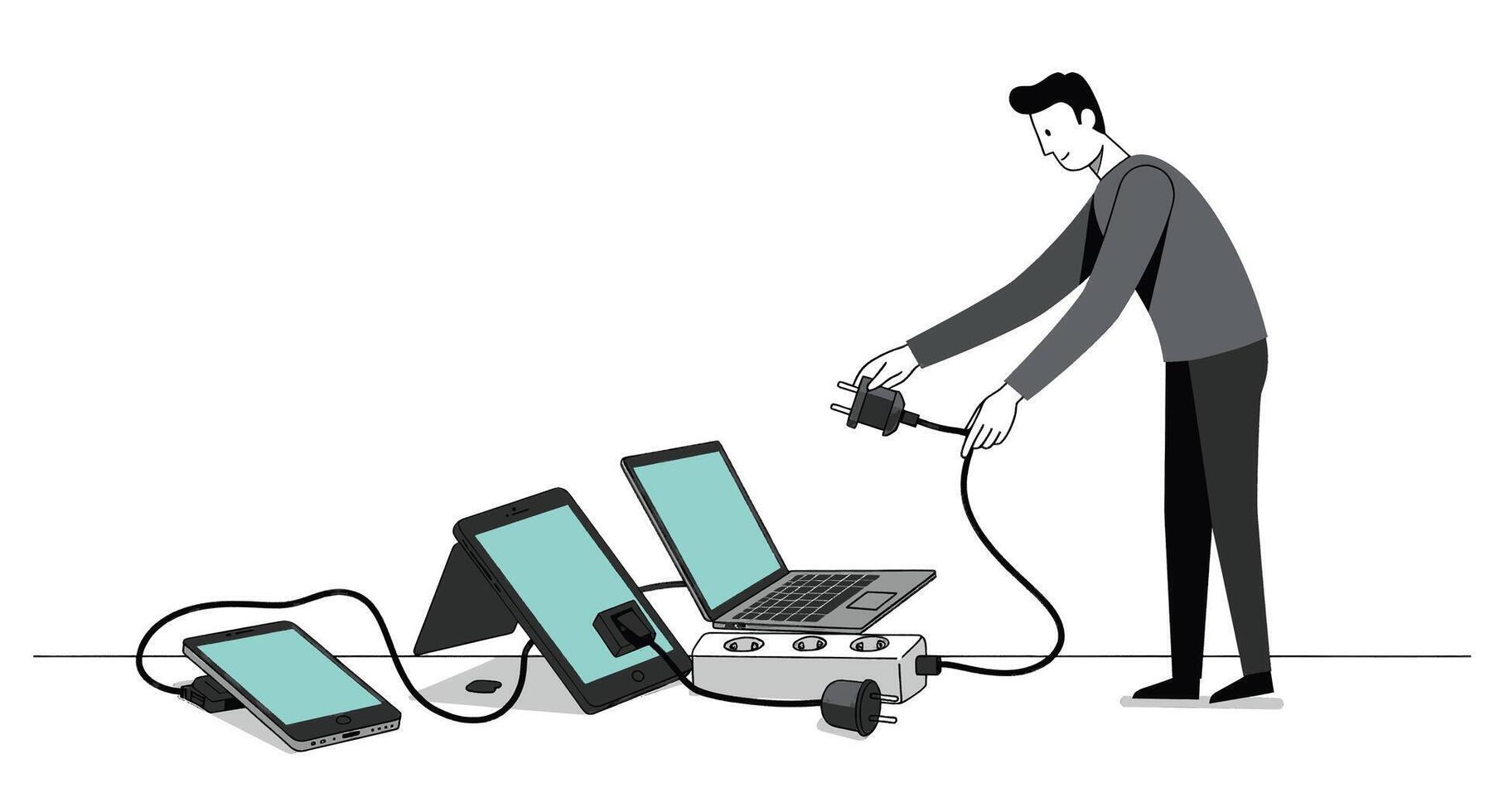 A man is plugging in a laptop to a power strip vector