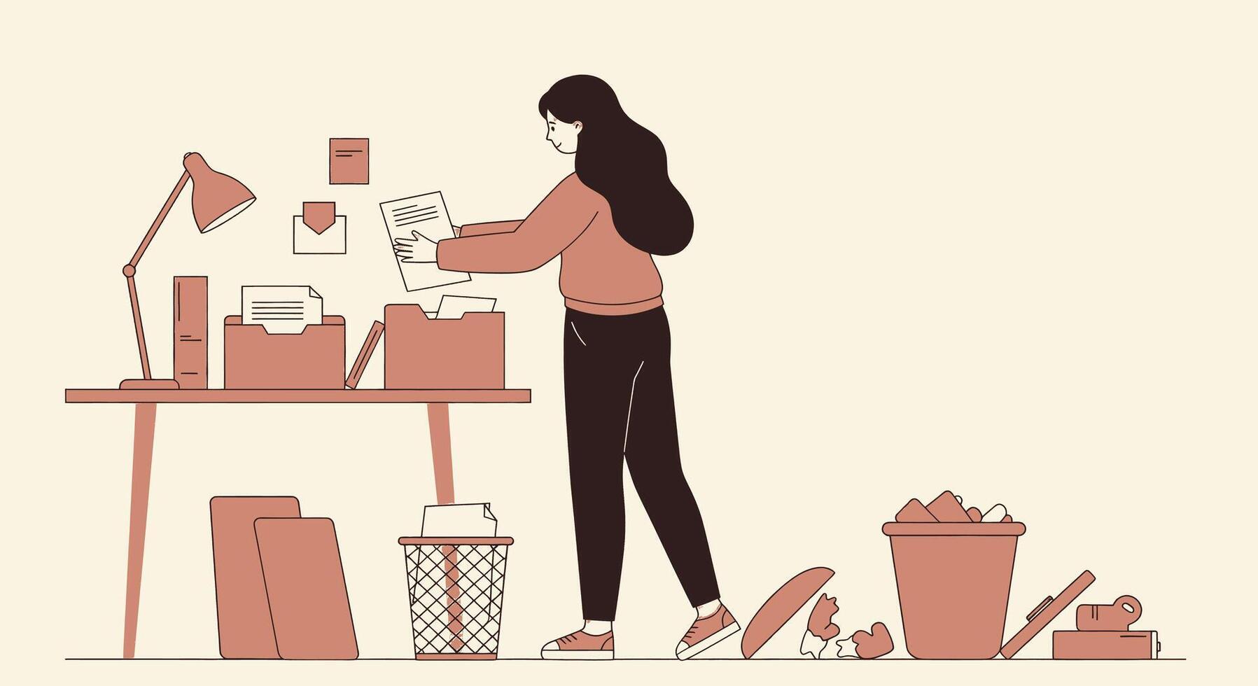A woman is standing at a desk with a pile of papers vector