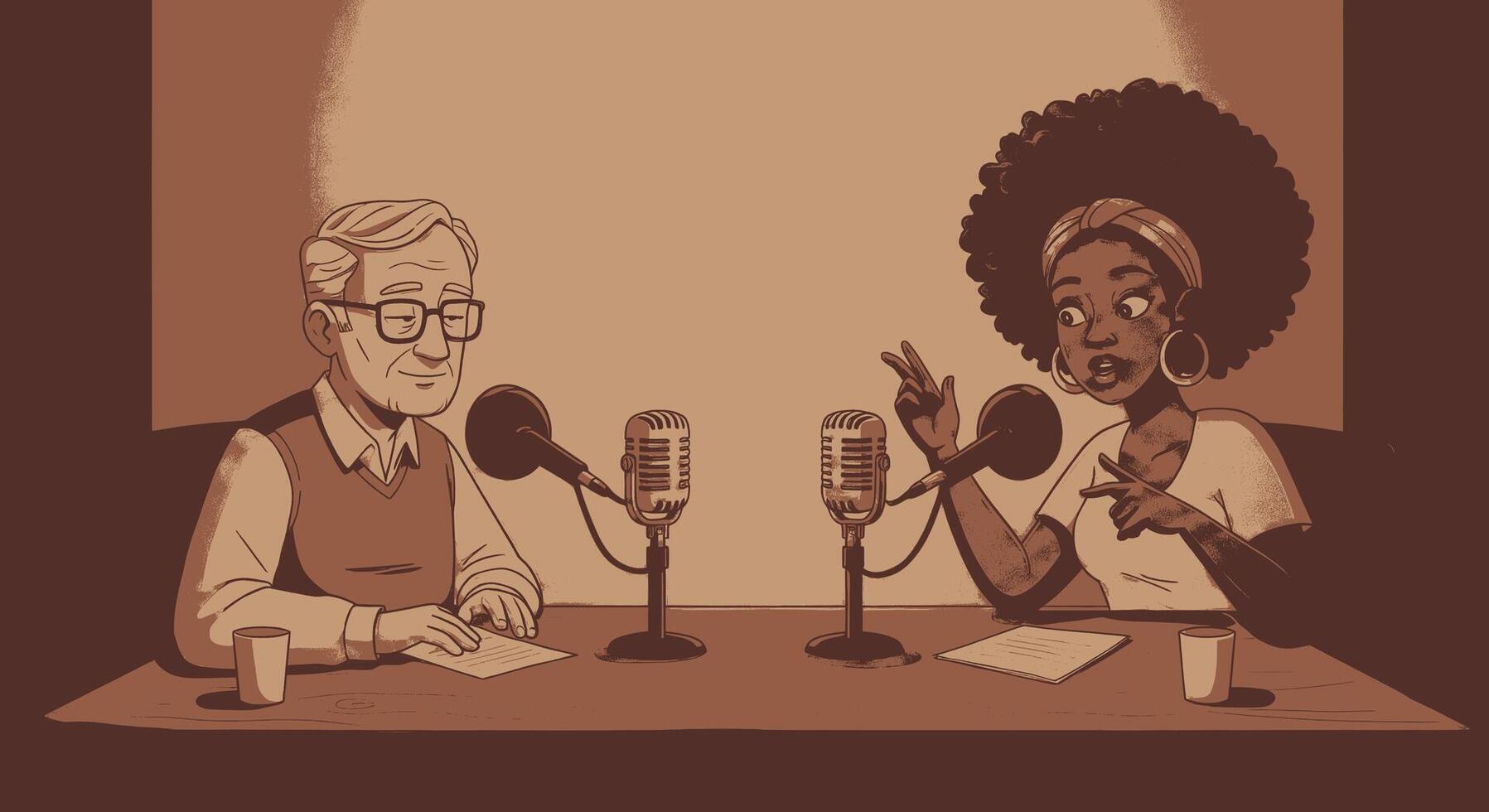 A cartoon of two people sitting at a table with microphones vector