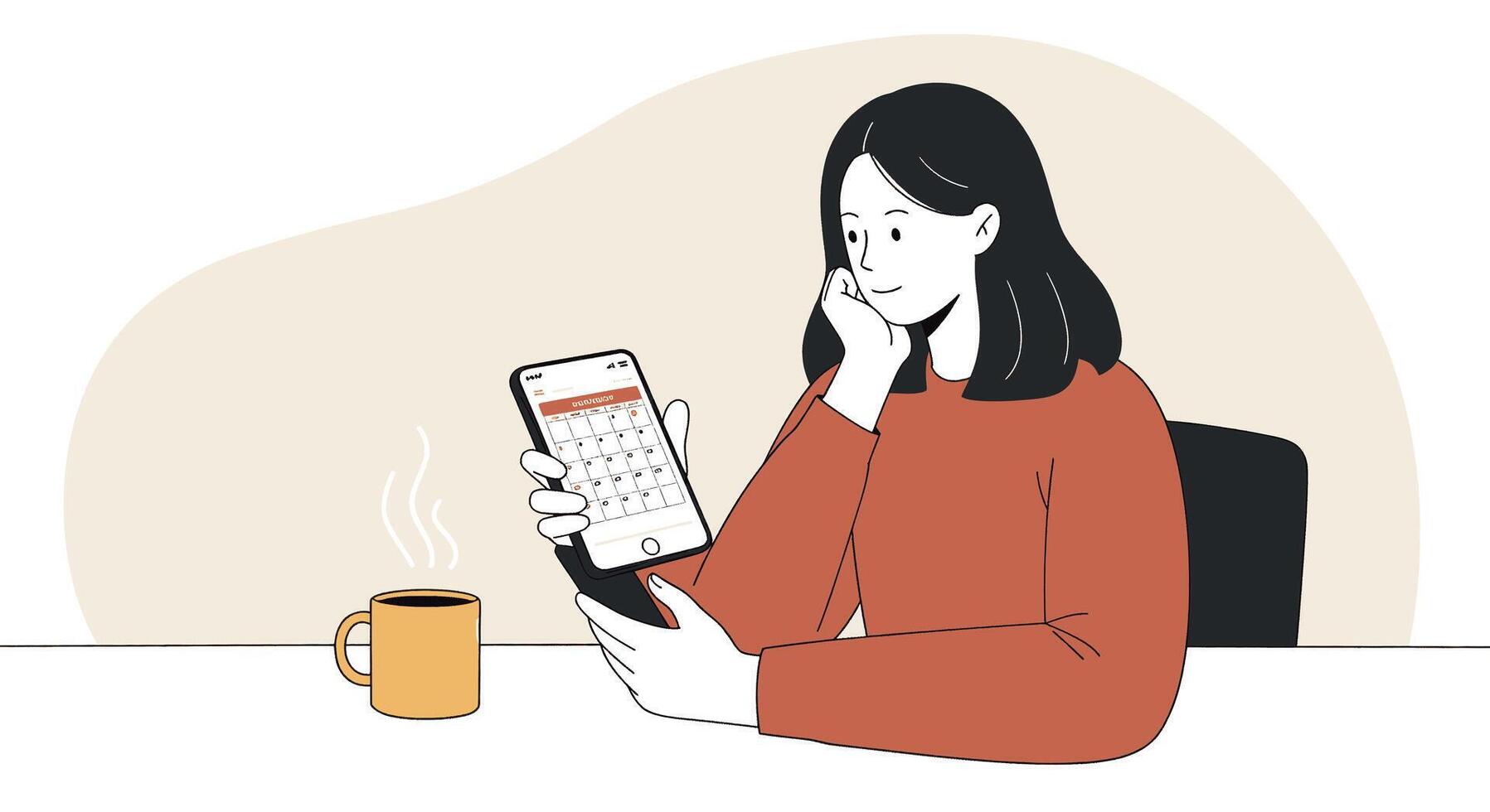 Illustration of a woman using a calculator and a cup of coffee vector
