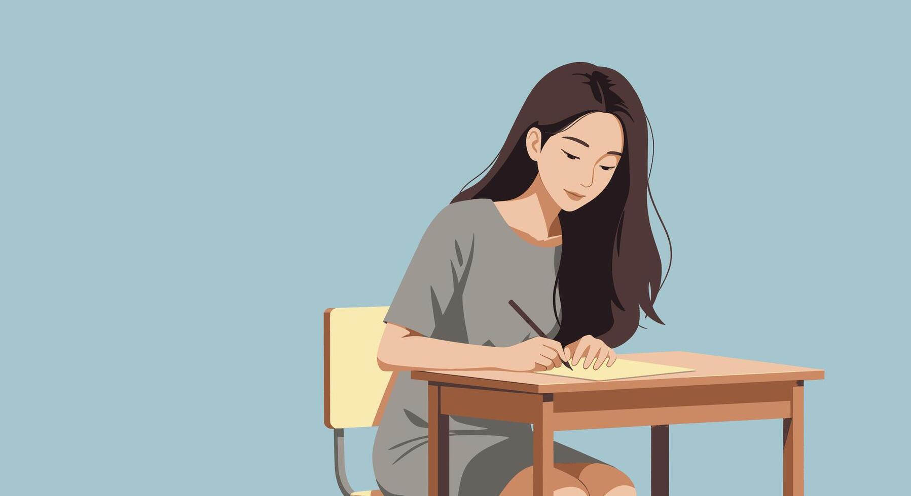 A woman sitting at a desk writing vector