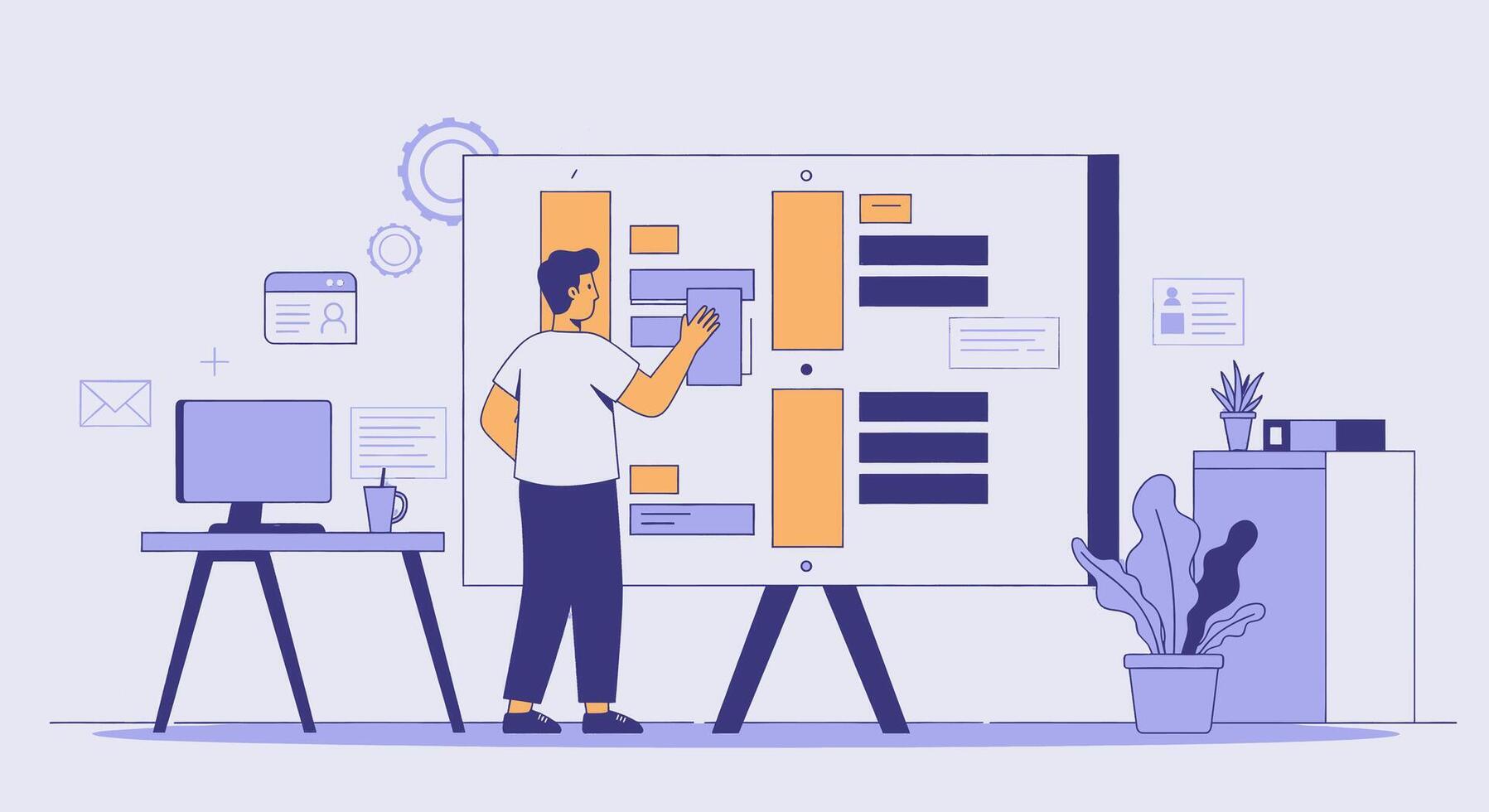 A man is standing in front of a whiteboard with a diagram on it vector