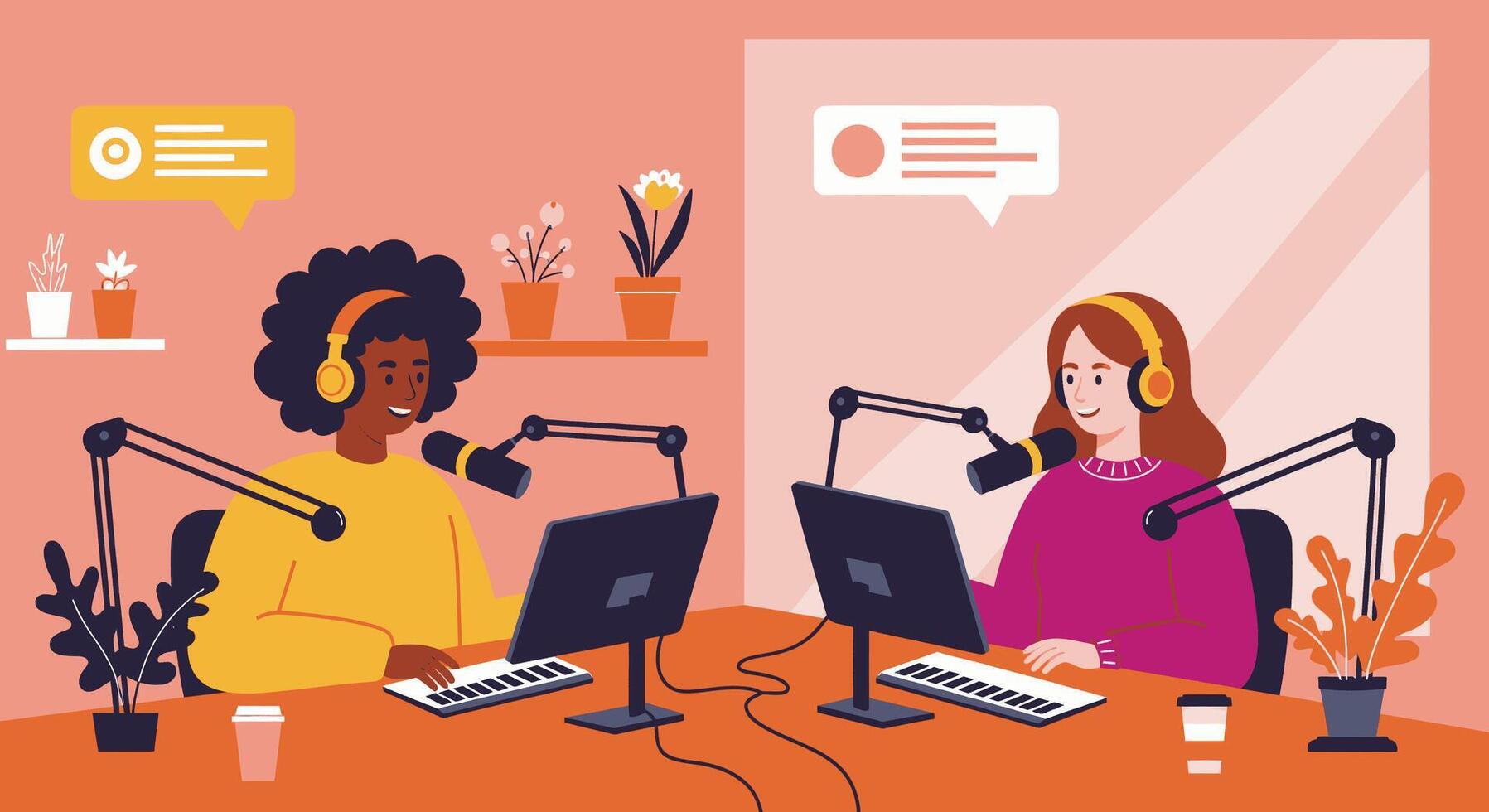 Two women are sitting at a desk with headphones on vector