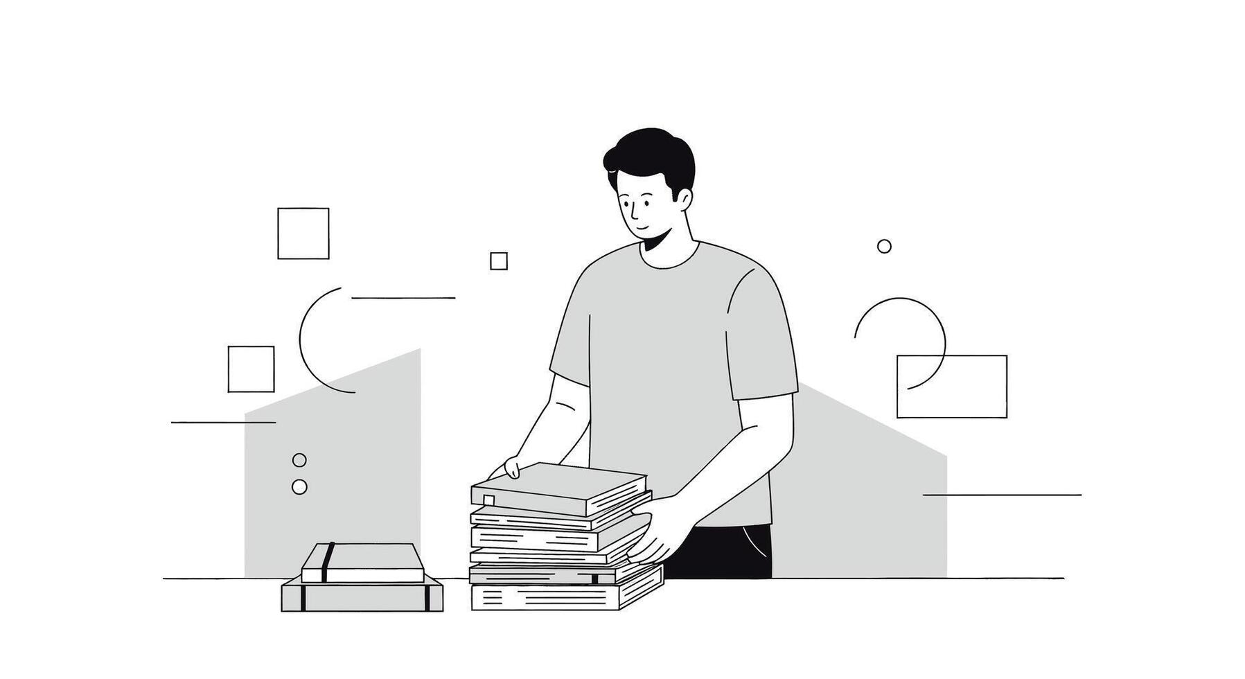 A man is standing in front of a stack of books vector