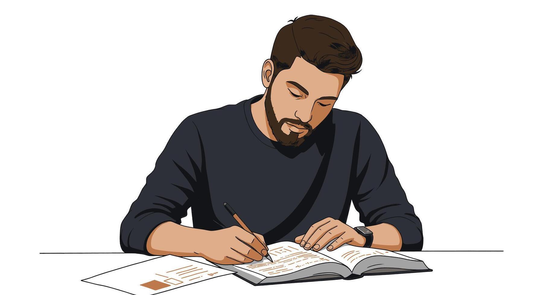A man is writing in a book while sitting at a table vector