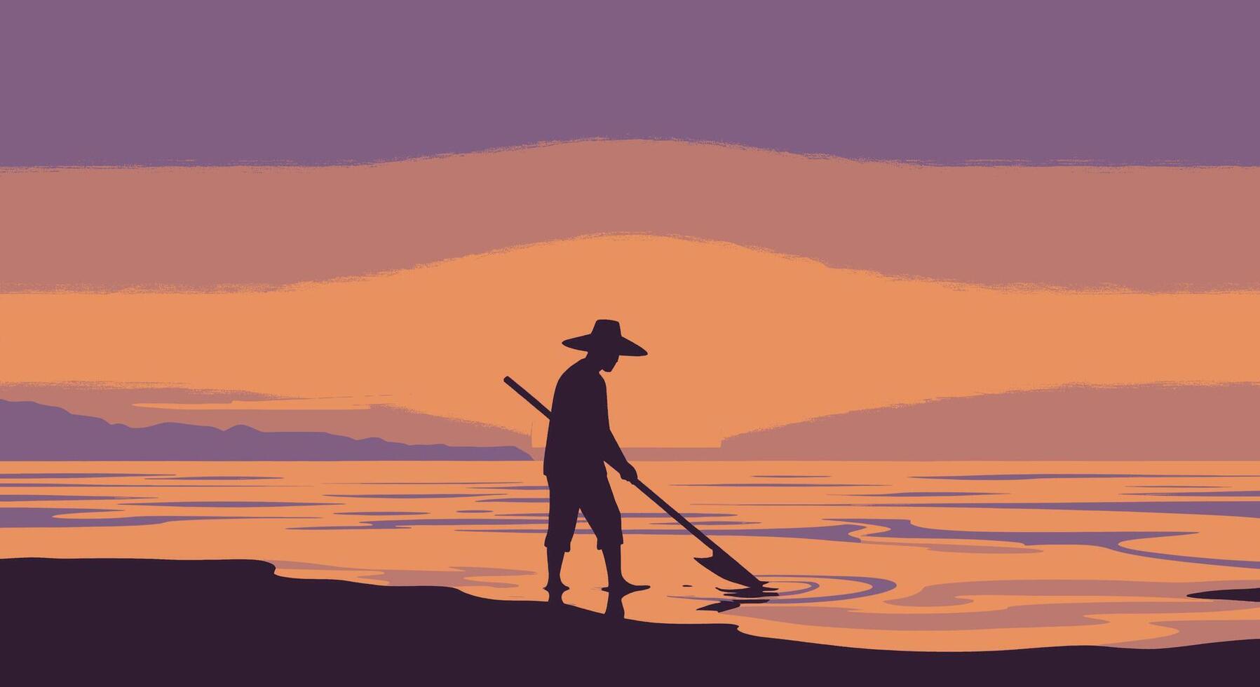 A man with a hat and a stick is standing on the beach vector