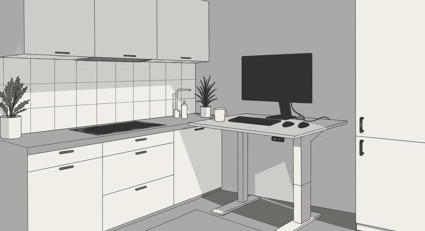 A drawing of a kitchen with a computer on the desk vector