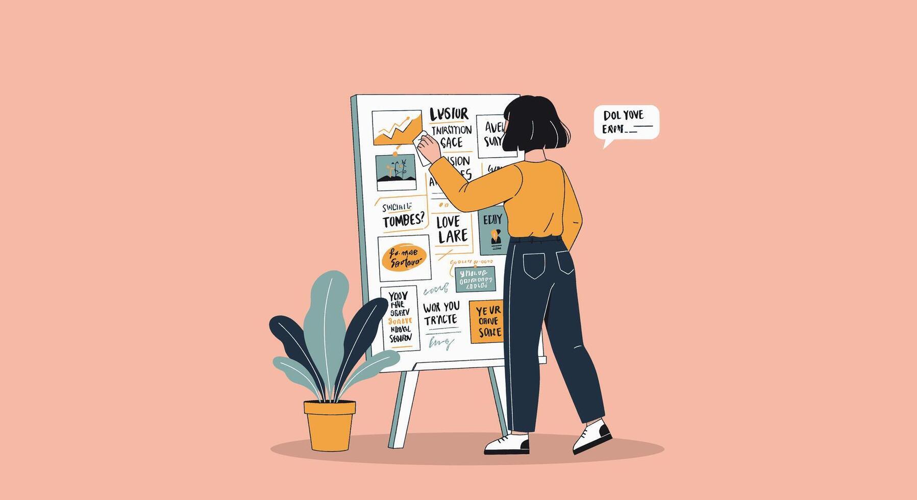 A woman is standing next to a board with a list of information vector
