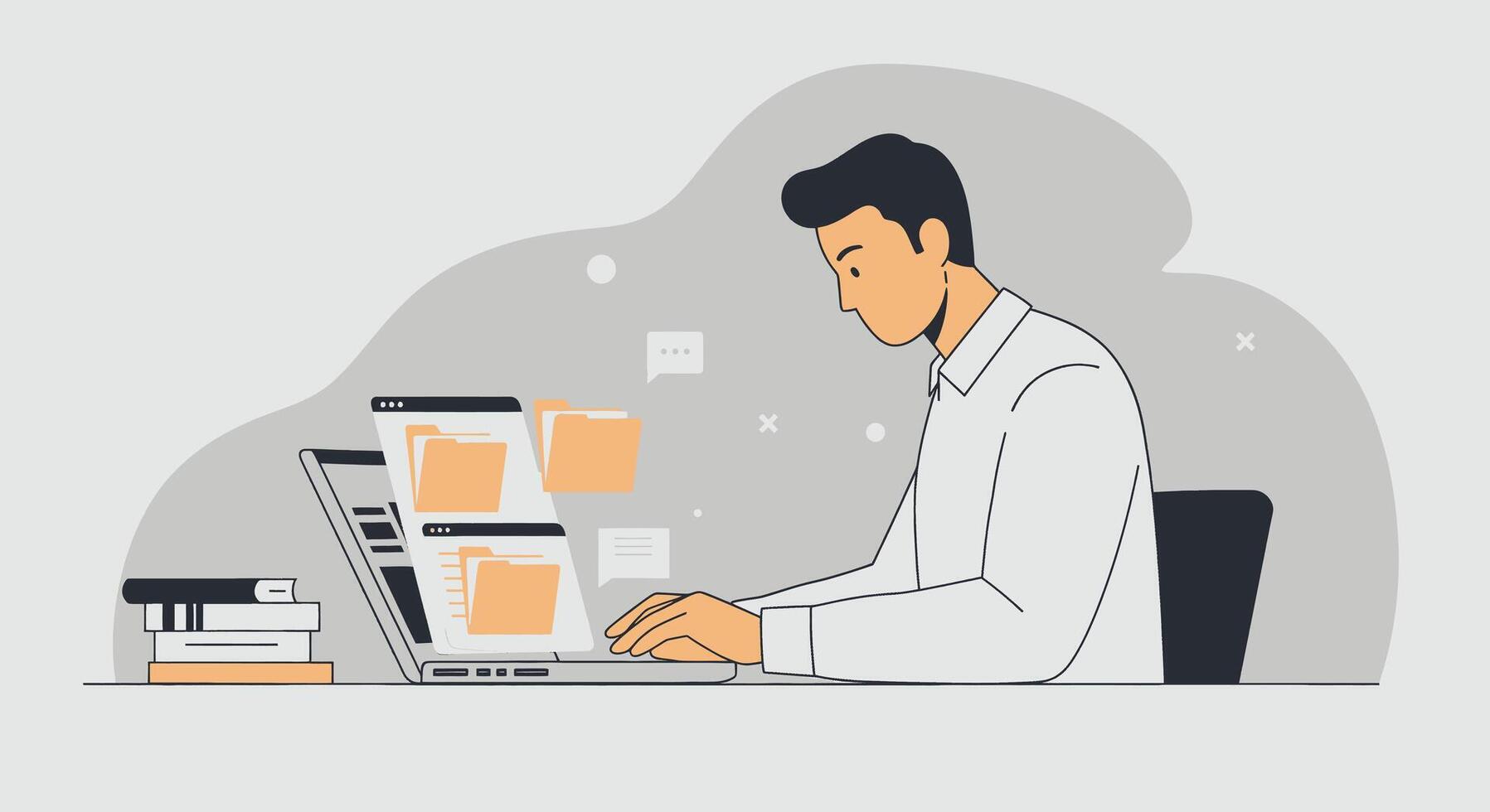 A man is working on a laptop computer with a stack of papers vector