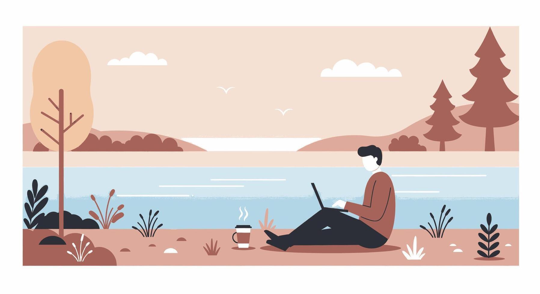 Man sitting on the ground with laptop and coffee vector