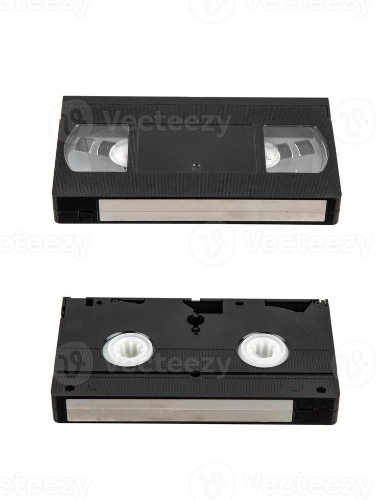 ront and back view of classic VHS cassettes on white background photo