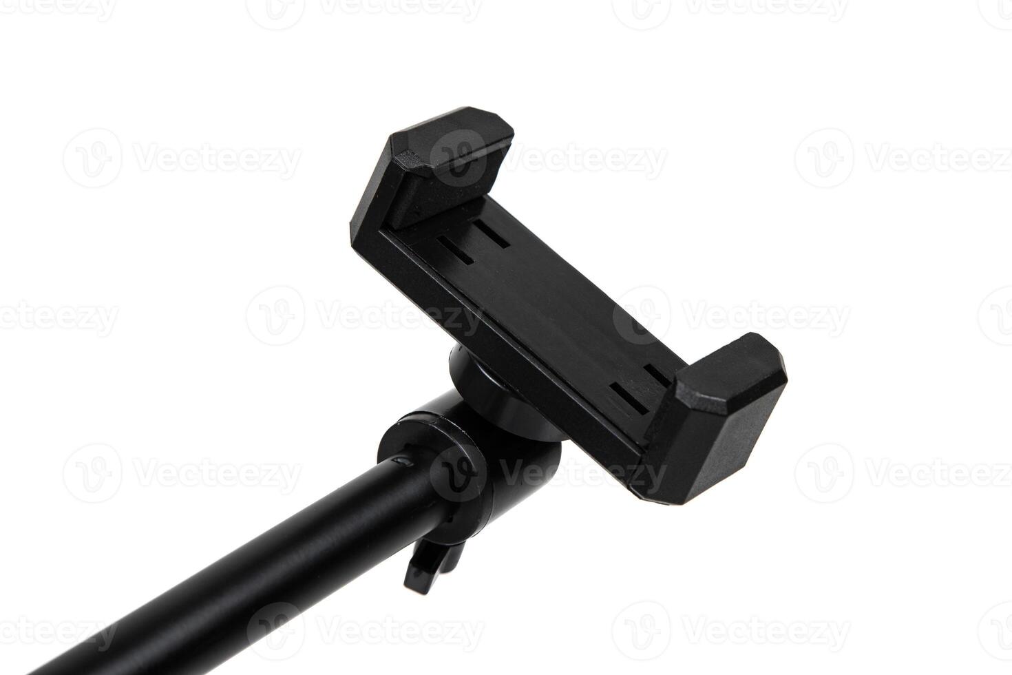 Close-up of adjustable black phone clamp mount on white background photo