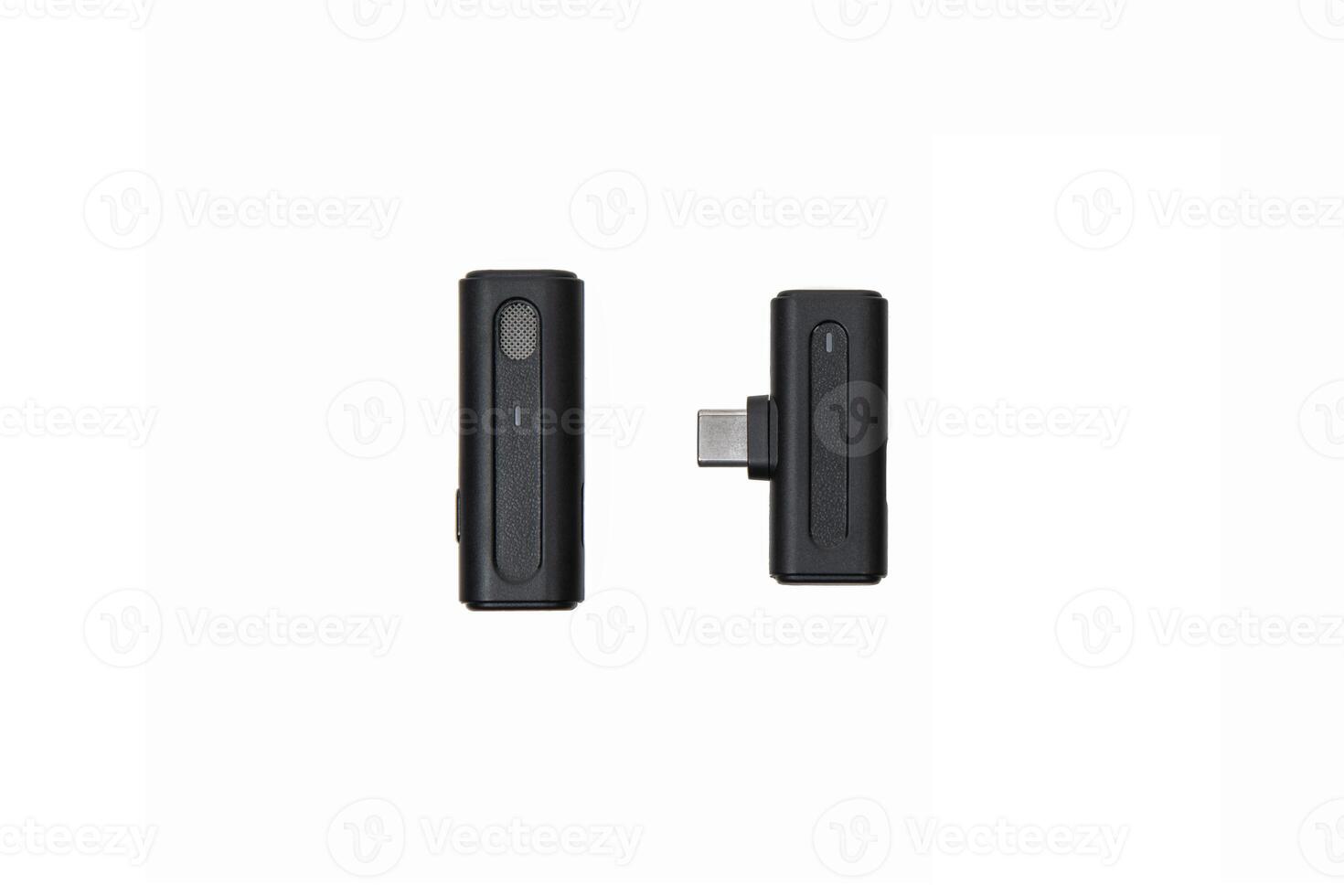 Close-up of a wireless lavalier microphone and USB-C receiver isolated on white back photo