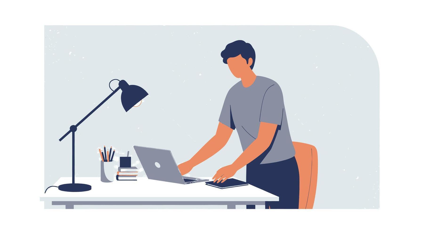 Man working on laptop at desk with lamp and lamp vector