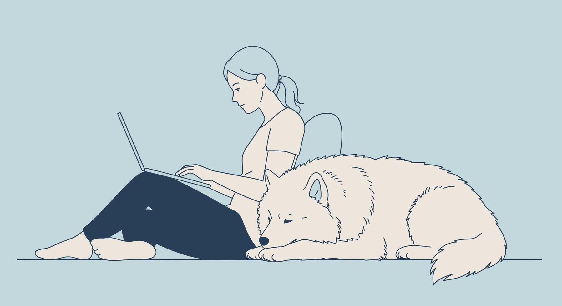 A woman sitting on the floor with a laptop and a dog vector