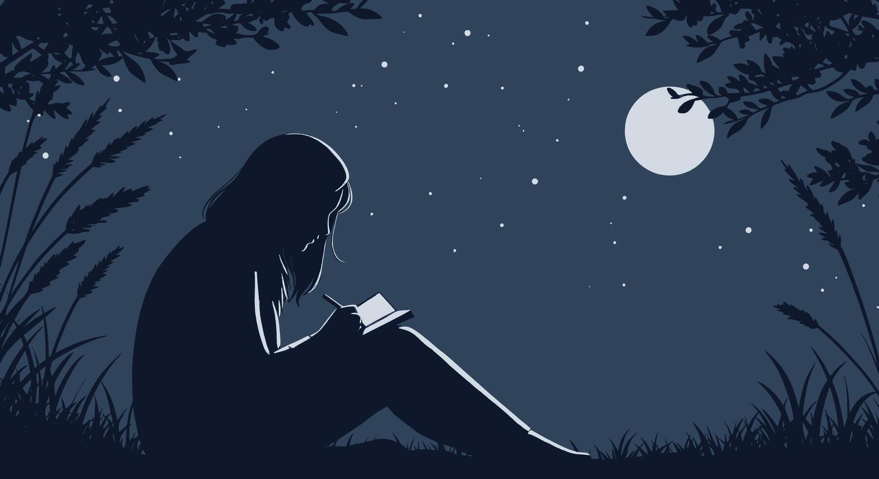 Silhouette of a girl reading a book at night vector