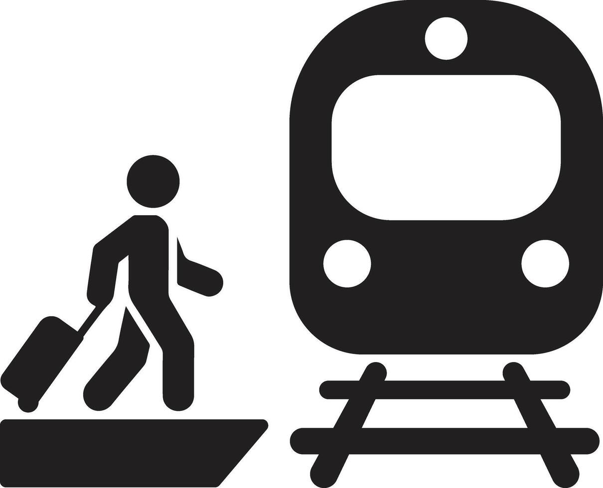 Travel Icon Person with Suitcase Approaching Train on Platform vector