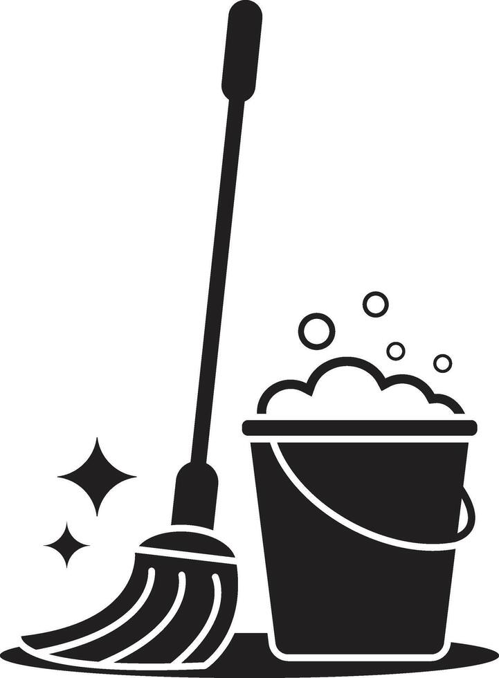 Minimalist Monochrome Illustration of Mop and Bucket with Bubbly Water vector