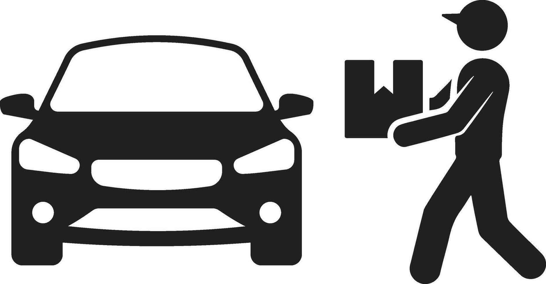 Minimalist Delivery Icon Human Figure Approaching Car with Package in Black and White vector