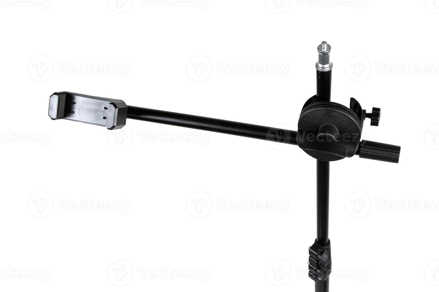 Close-up of adjustable tripod arm with phone clamp mount, black metal hardware, isolated on white back photo