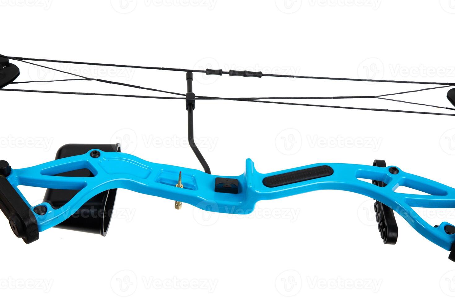 Close-up of blue compound bow riser and cable system, isolated on white background photo