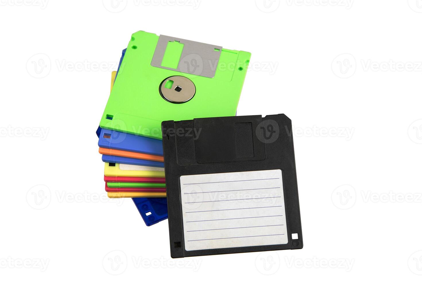 Retro floppy disk stack in assorted colors photo