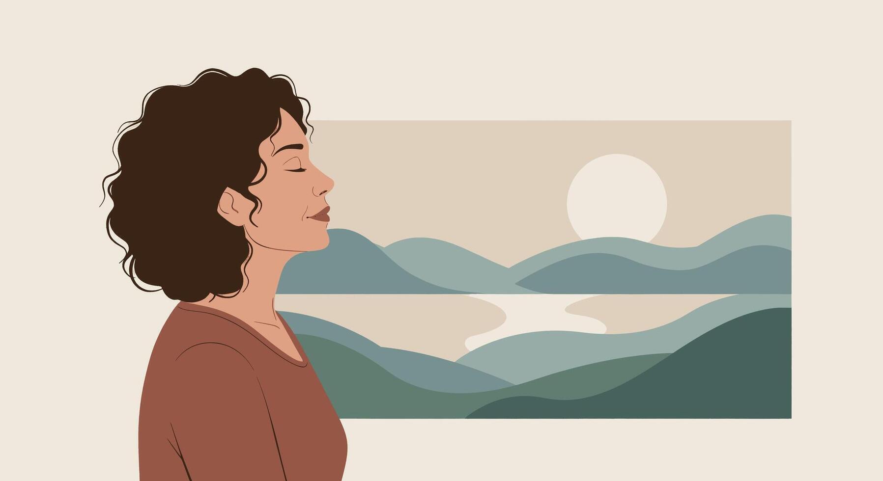 A woman is looking at the mountains and the sun vector
