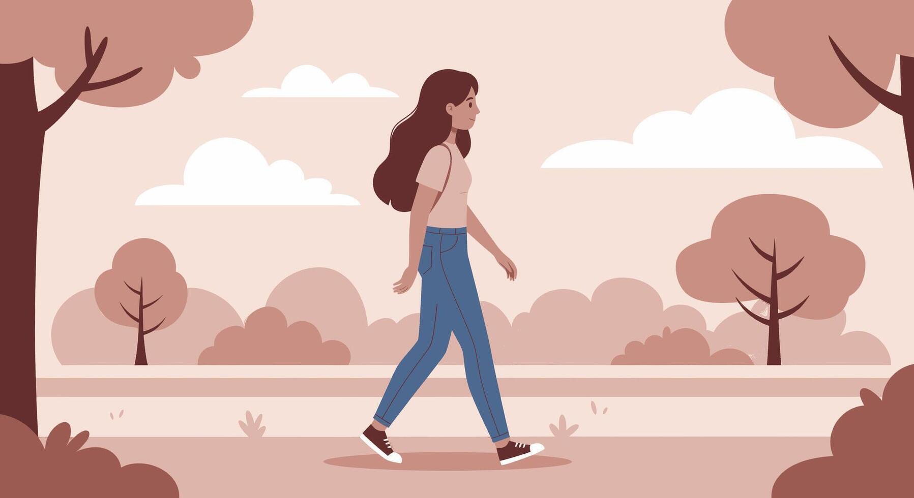 A woman walking in the park with trees and bushes vector