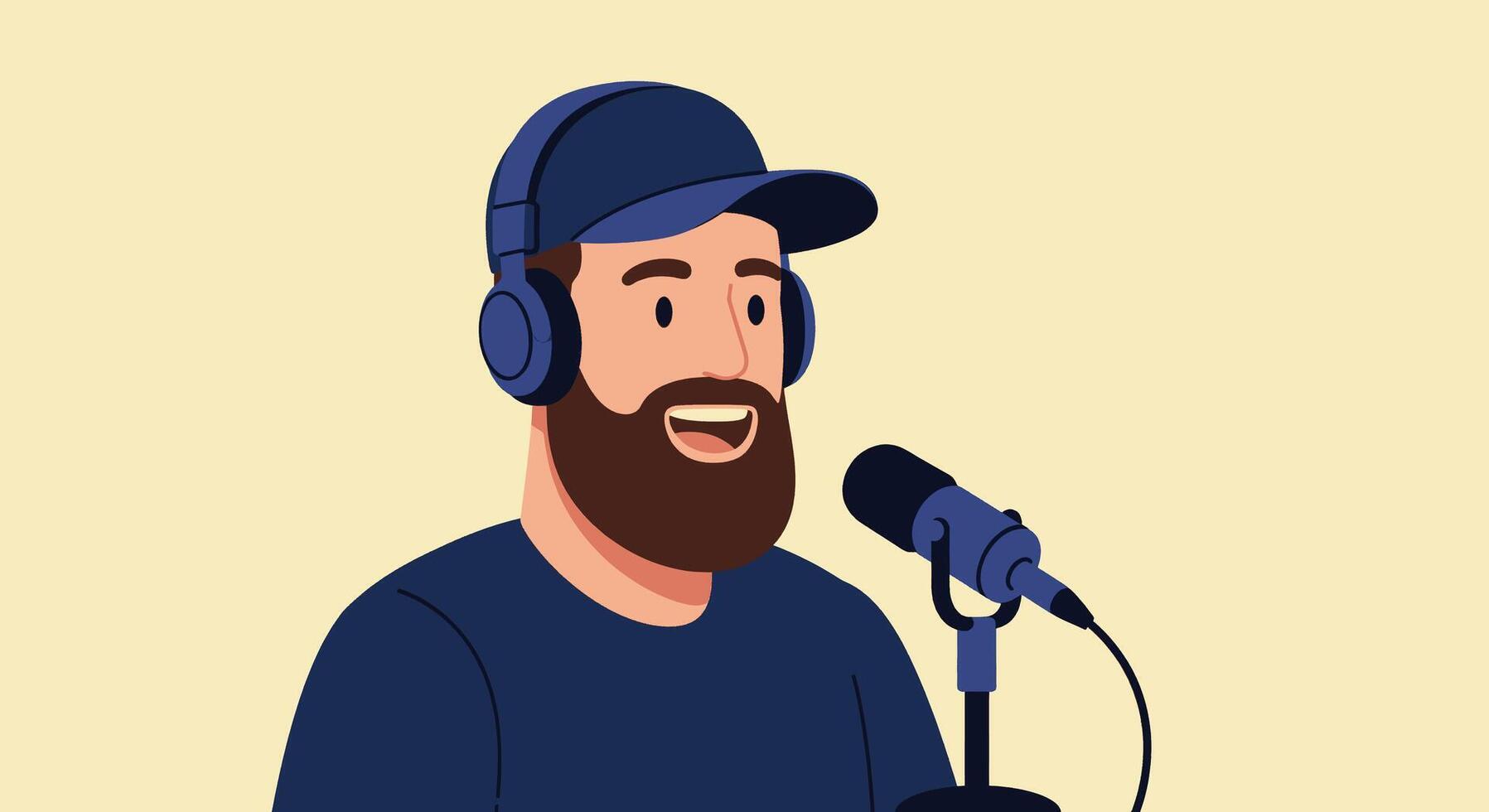 A man with a beard and headphones is talking into a microphone vector