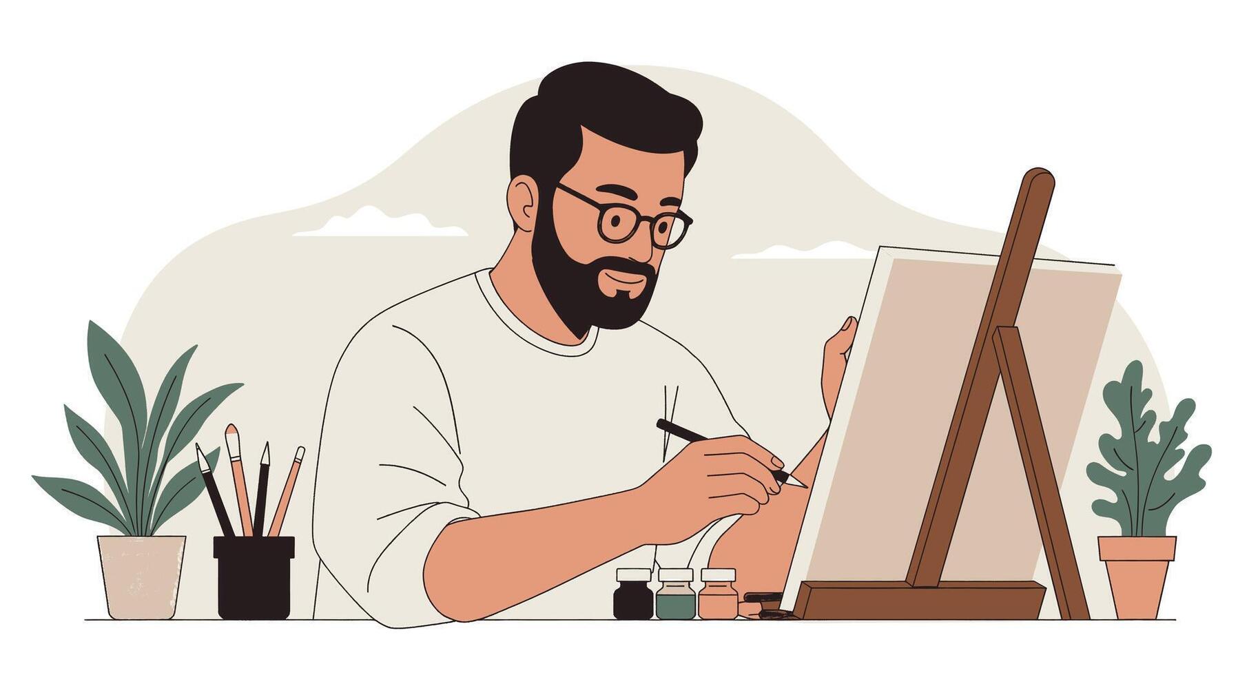 A man with a beard and glasses is drawing on an easel vector