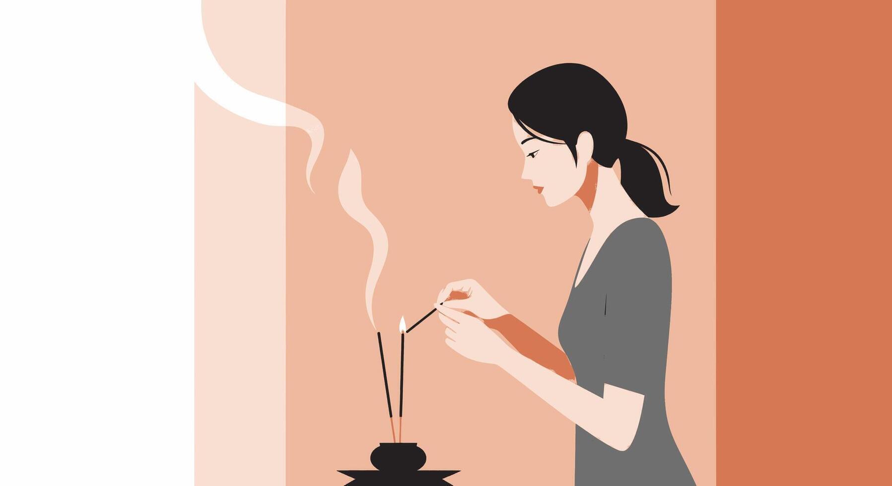 A woman is lighting incense sticks vector