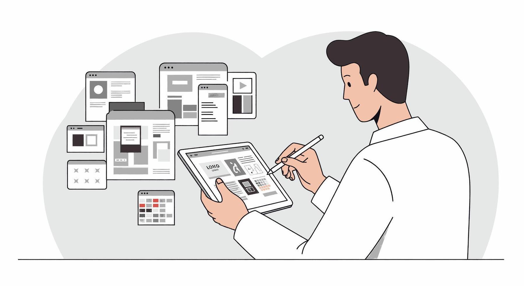 un hombre en un laboratorio Saco es utilizando un tableta vector