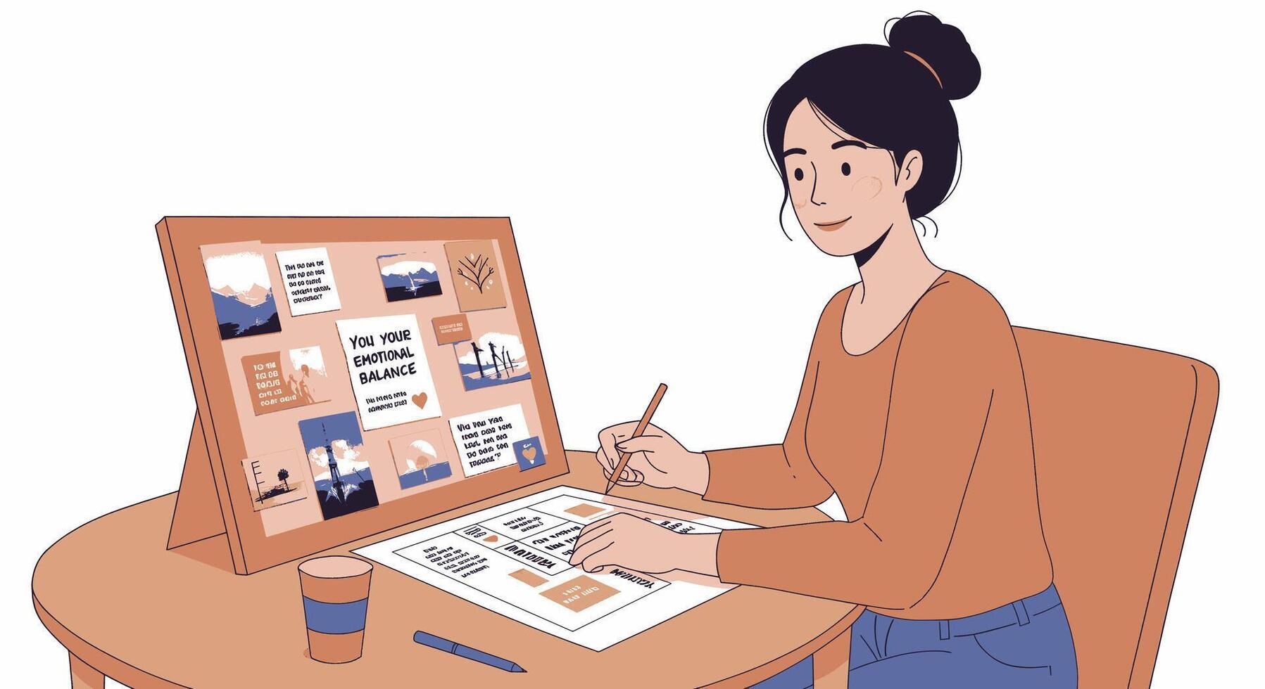 un mujer es trabajando en un proyecto en frente de un computadora vector