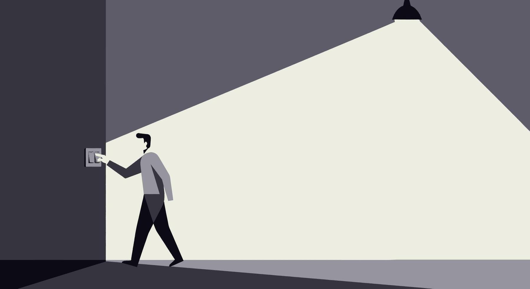 Man in dark room with light bulb on wall vector