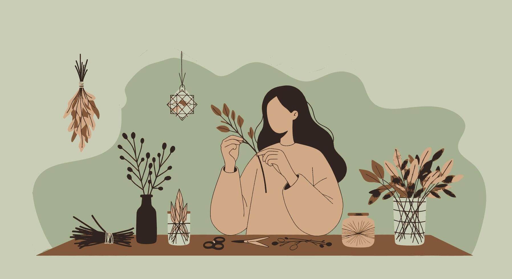 A woman is sitting at a table with plants and flowers vector