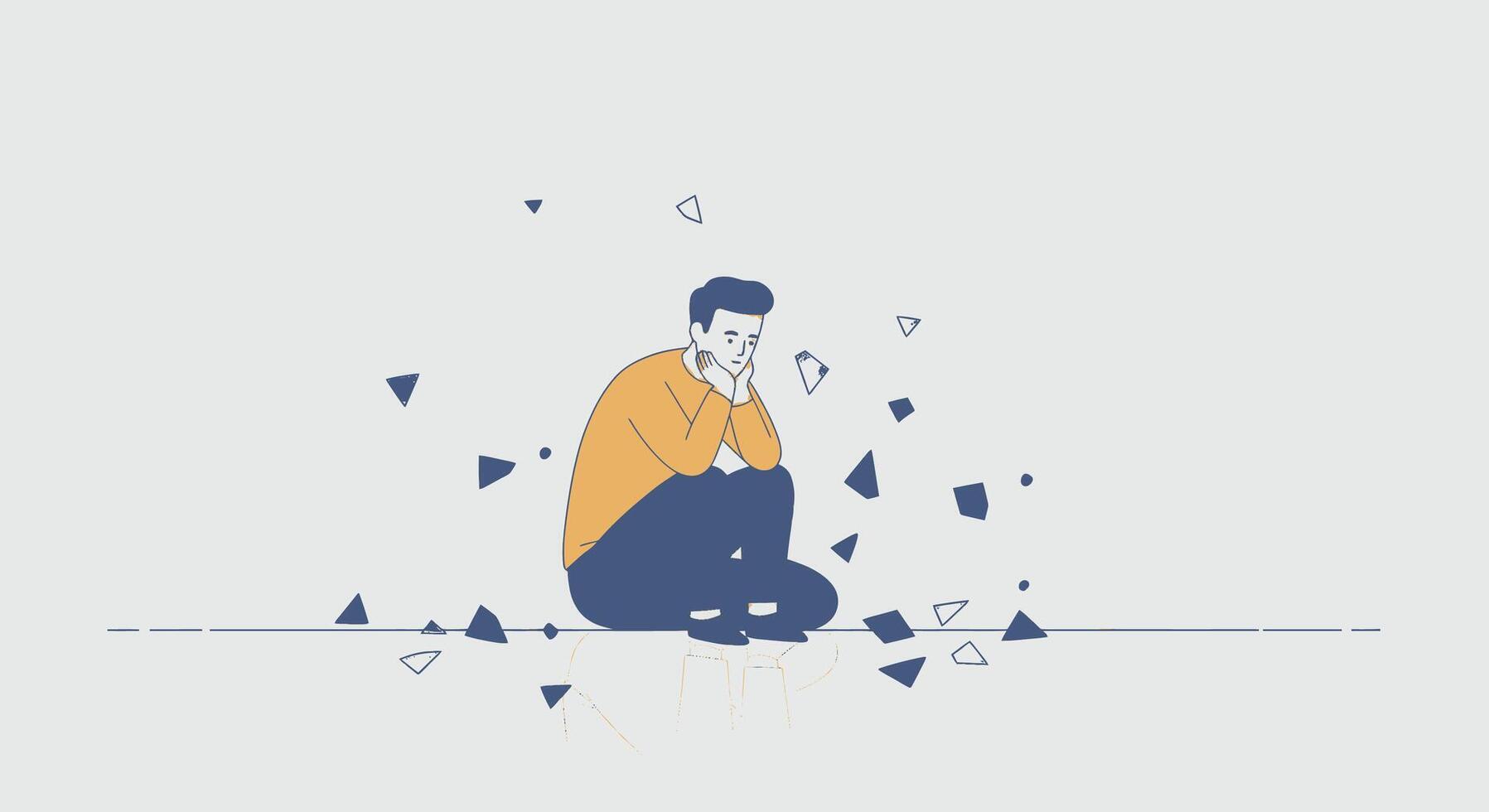 A man sitting on the floor with broken pieces around him vector