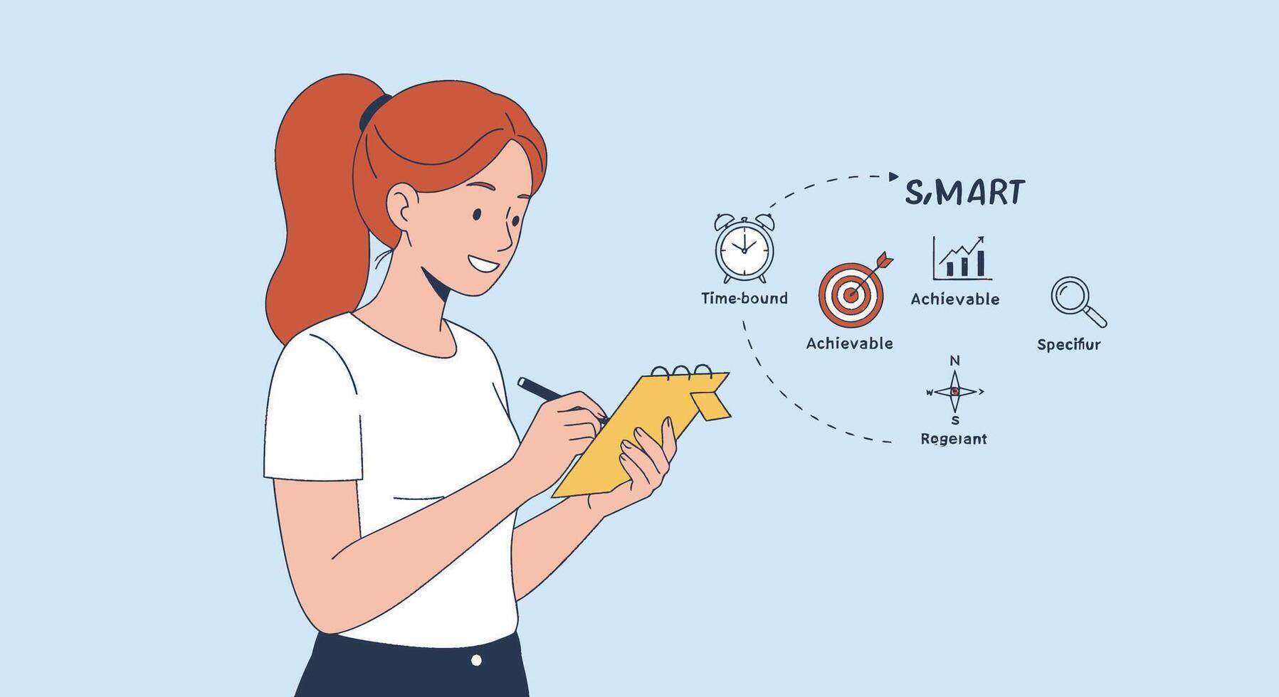 A woman is writing on a clipboard with smart and smart vector
