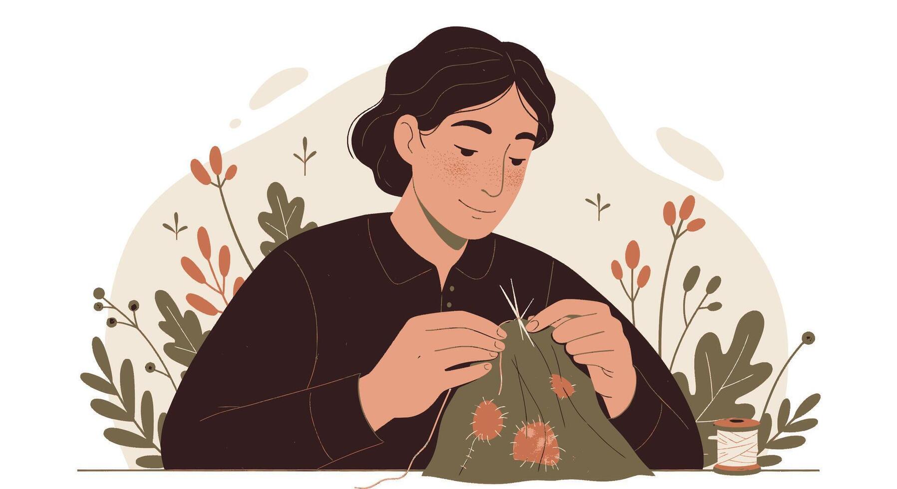 A woman is sewing a bag with flowers vector