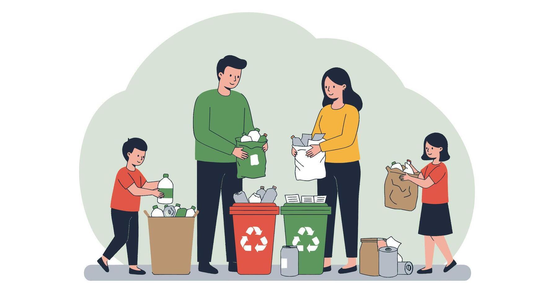Family recycling, waste management, environmental protection, recycling, waste management, illustration vector