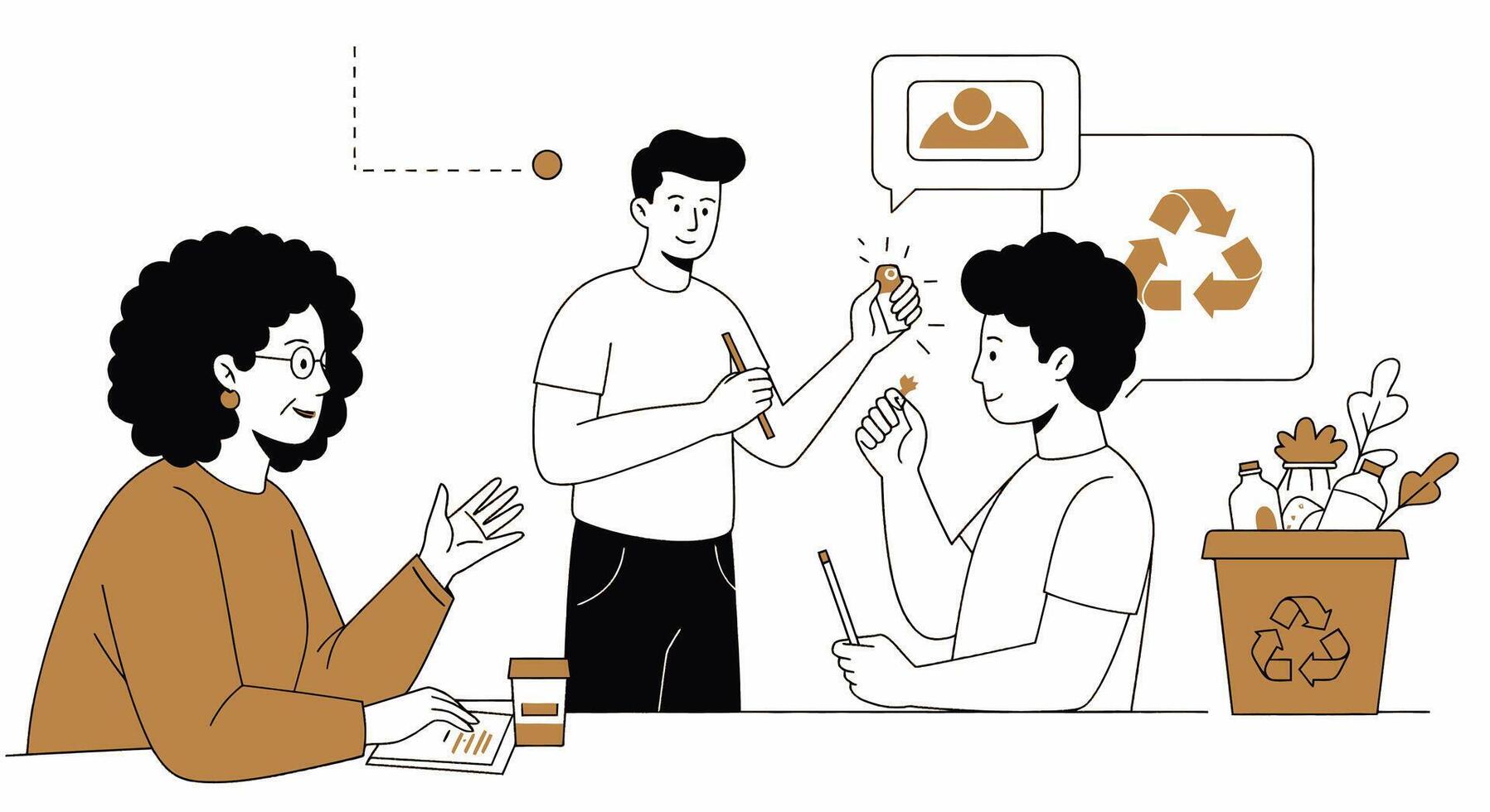 Illustration of people at a table with a recycling bin vector