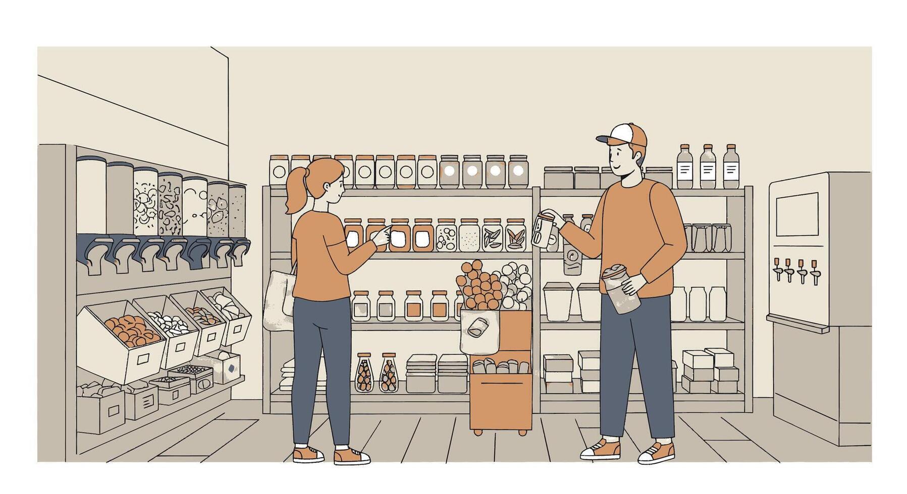 A man and woman are standing in front of a store vector