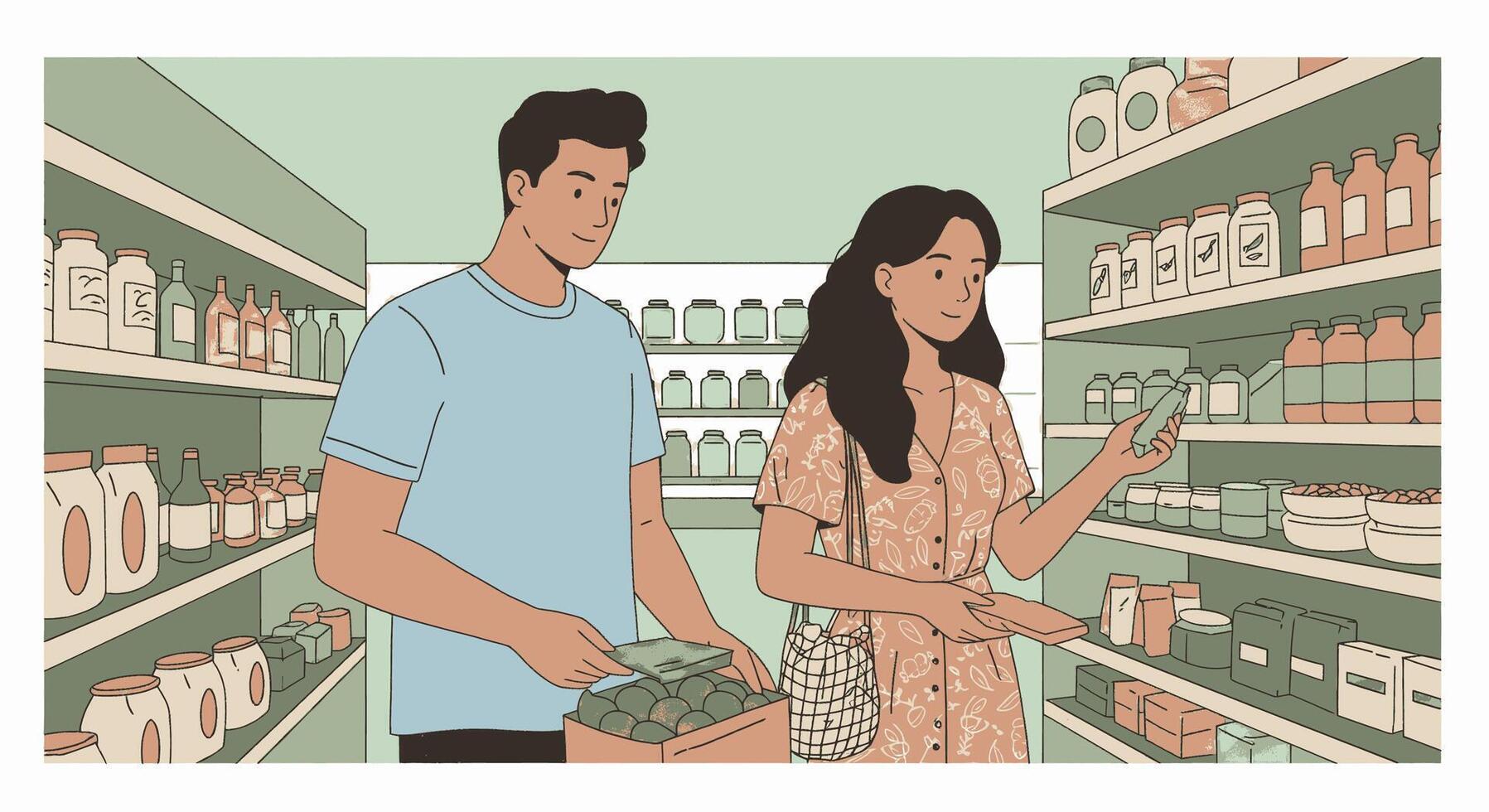 Illustration of a couple in a grocery store vector