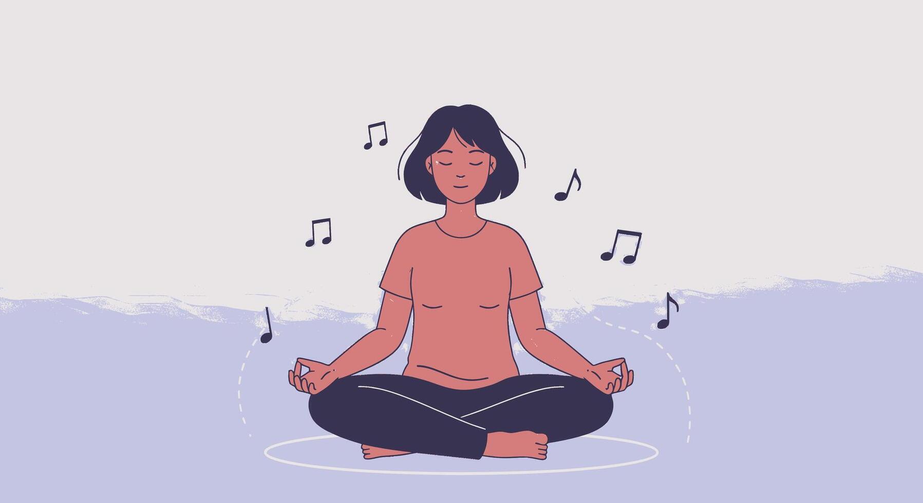 A woman meditating in a lotus position with music notes vector