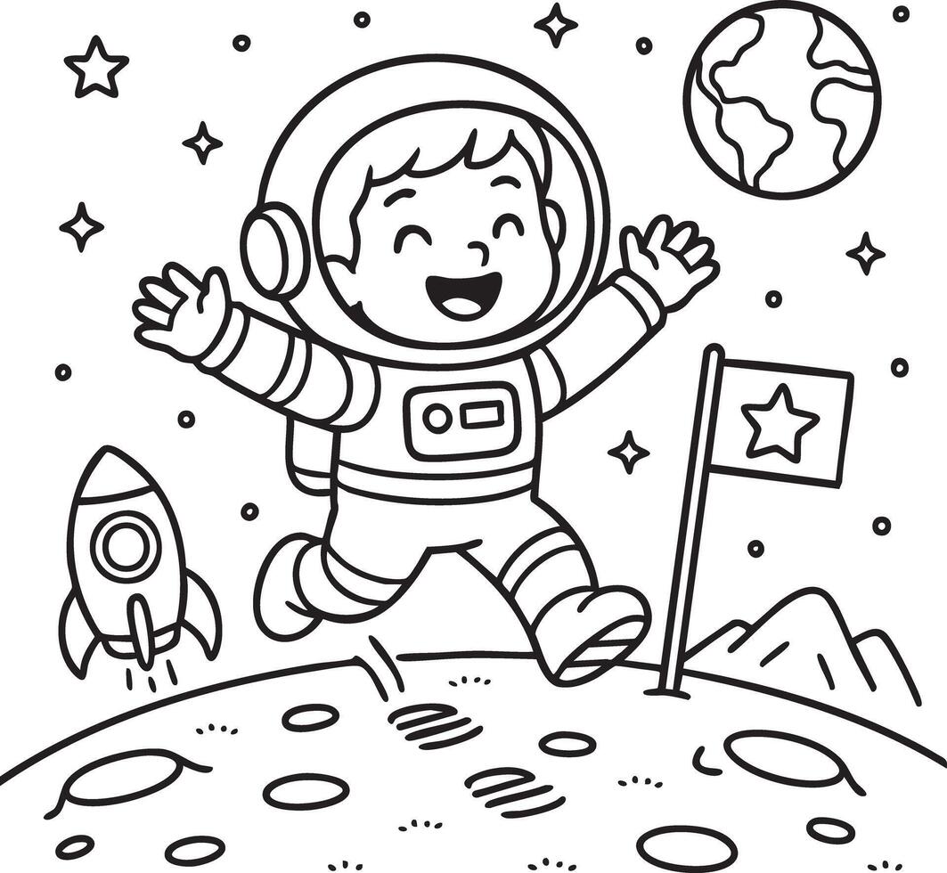 Little Boy Astronaut Waving from Space vector