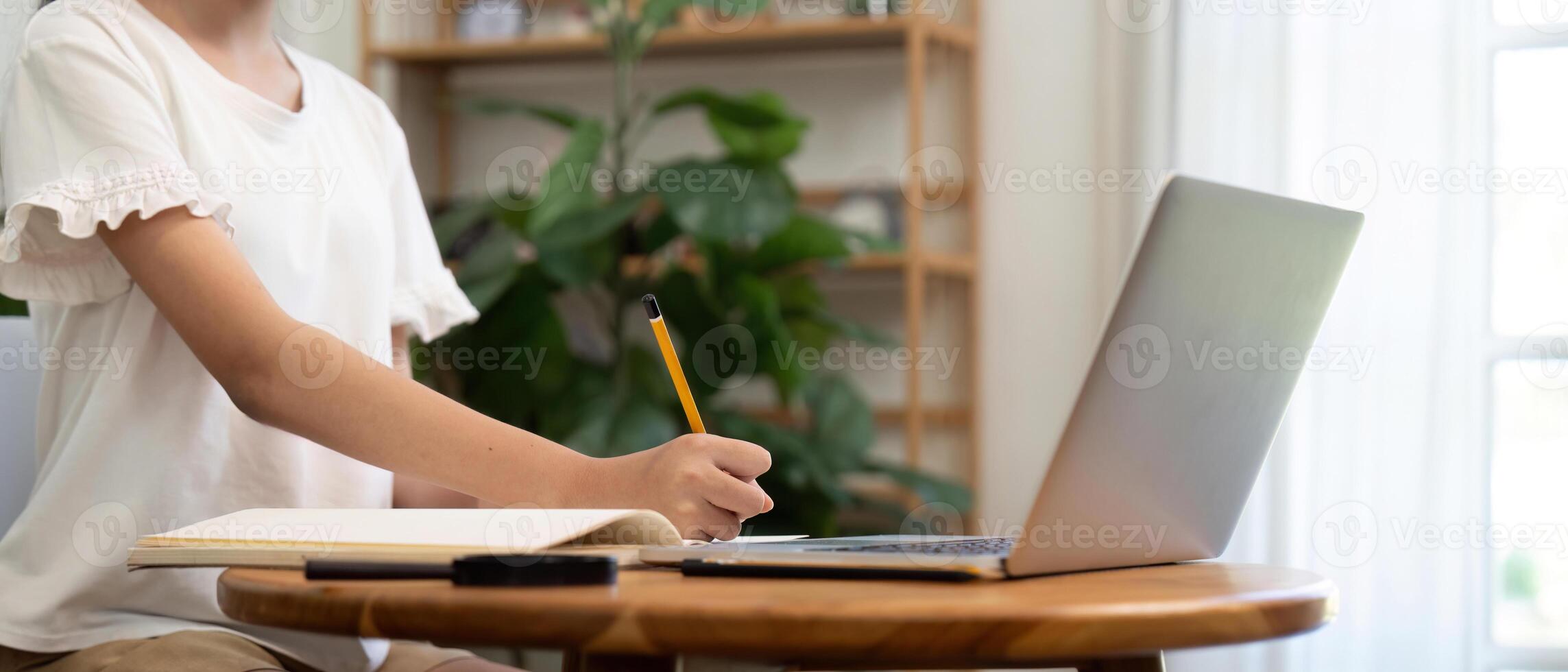 Back to School writing while using laptop during homework session photo