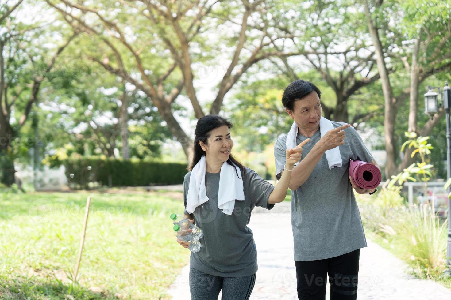 Wellness walking routine for seniors. couple enjoying walk in the park photo