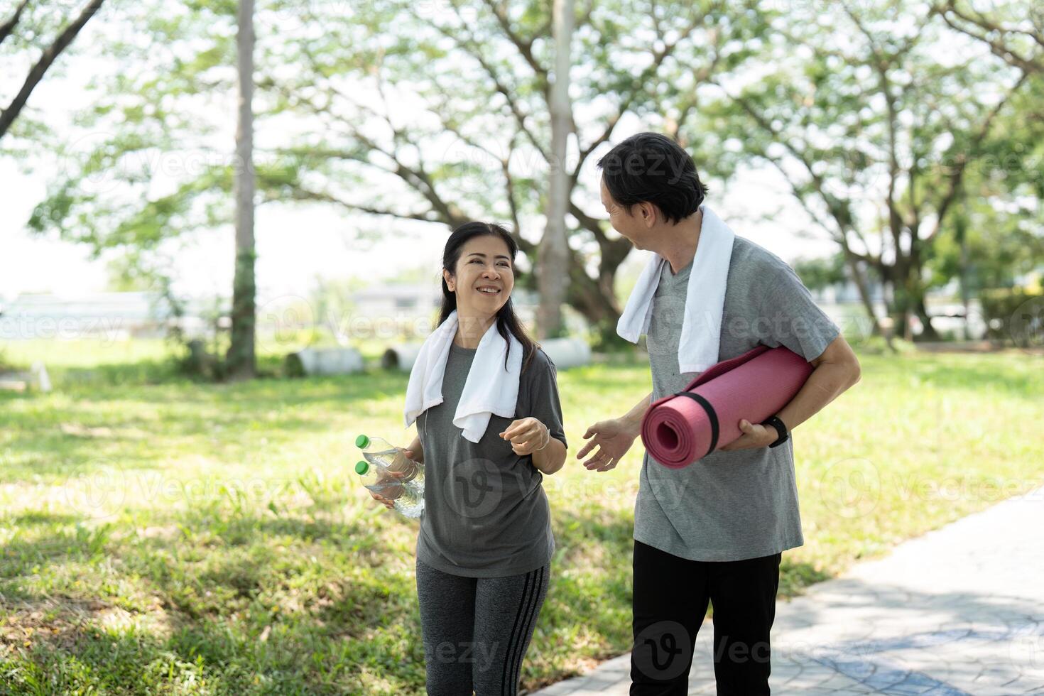 Wellness lifestyle illustrated by happy seniors couple walking outdoors photo