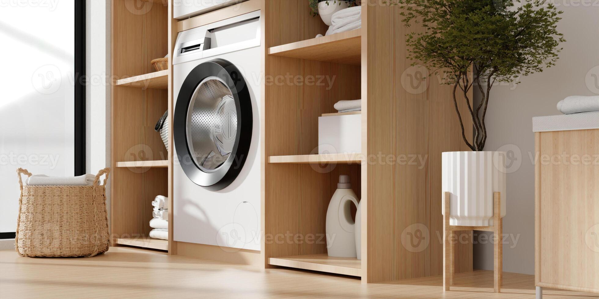 Functional laundry room with organized shelves and efficient appliances. 3D render illustration photo