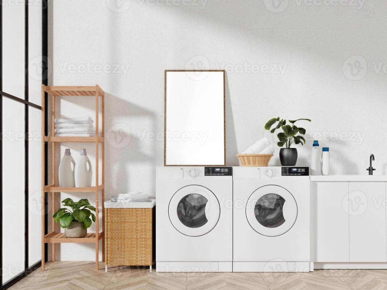 Laundry room design with modern appliances and natural decor. 3D render illustration photo