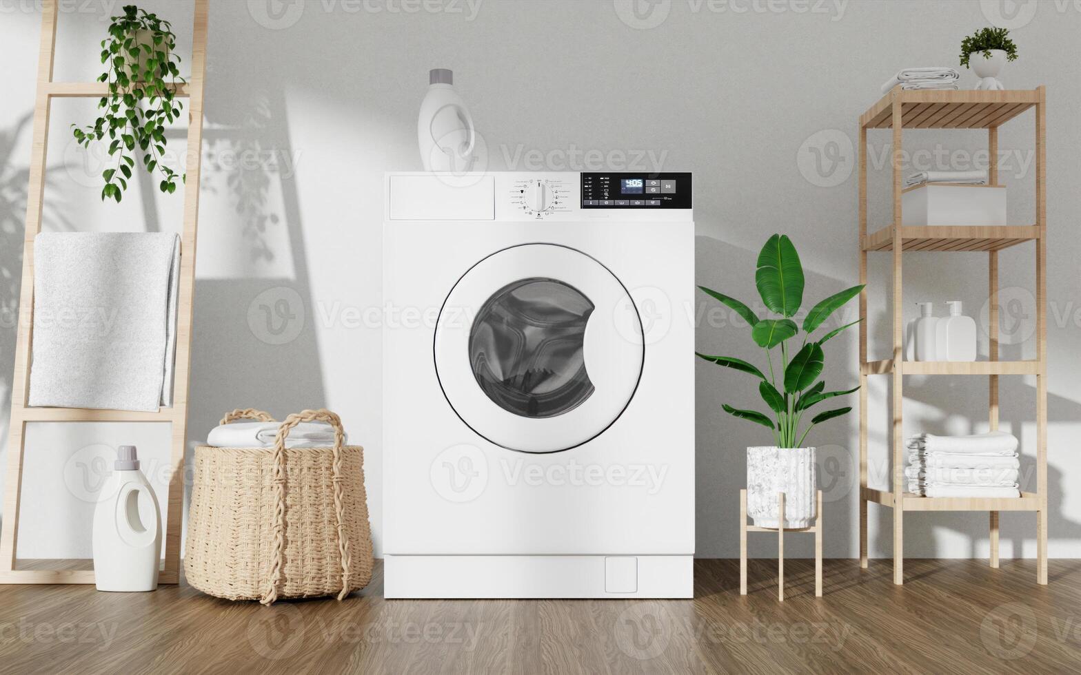 Home appliance innovation in modern laundry room design. 3D render illustration photo